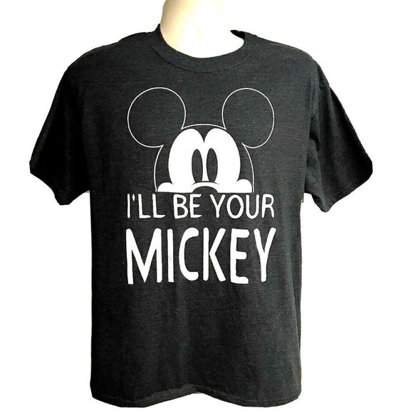 Disney Mickey Mouse Mens Charcoal Gray Graphic T-Shirt Large Cotton Spell Out - Picture 1 of 6